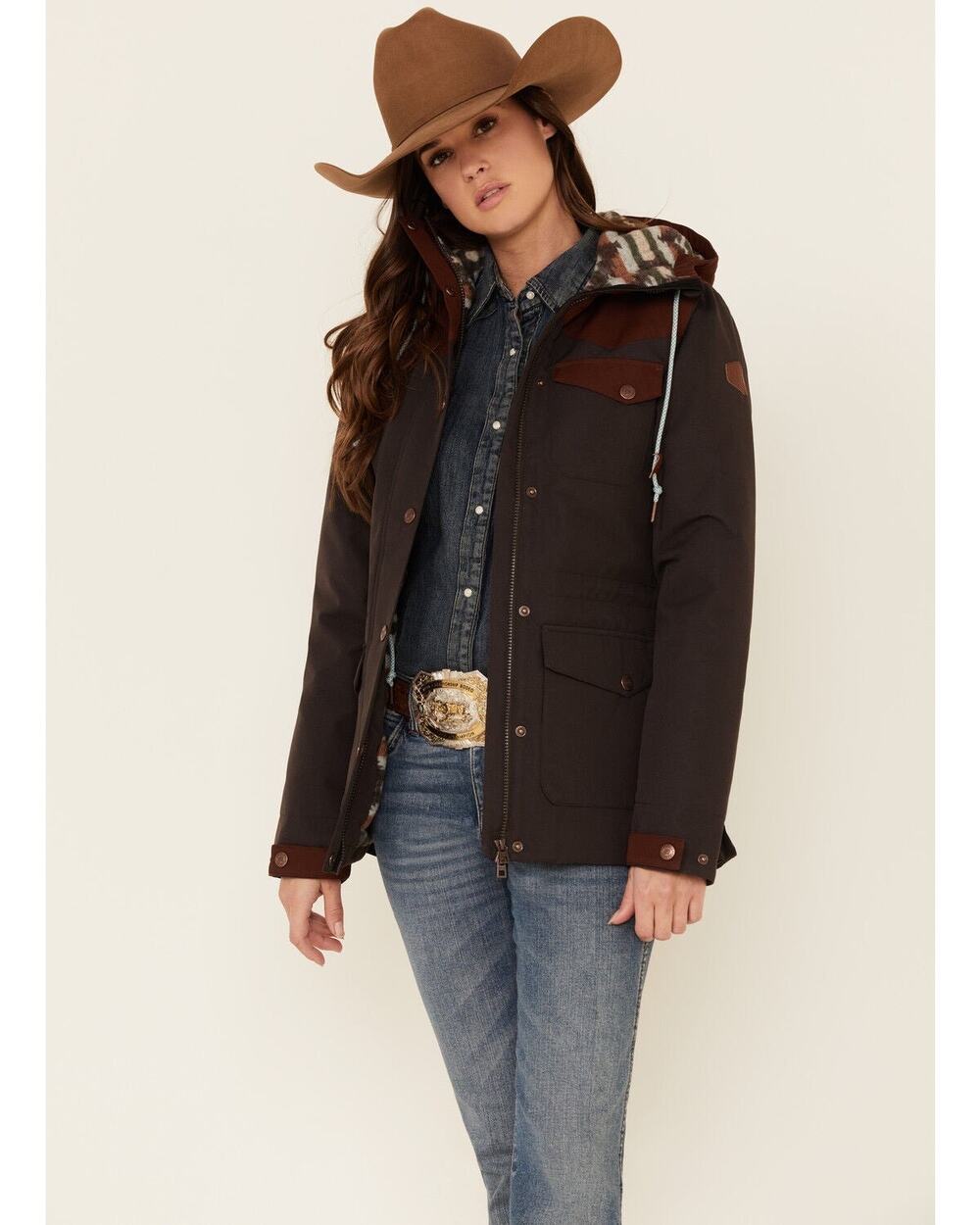 CINCH Women's Brown Color Block Barn Coat Hooded Western Ranch Jacket Small